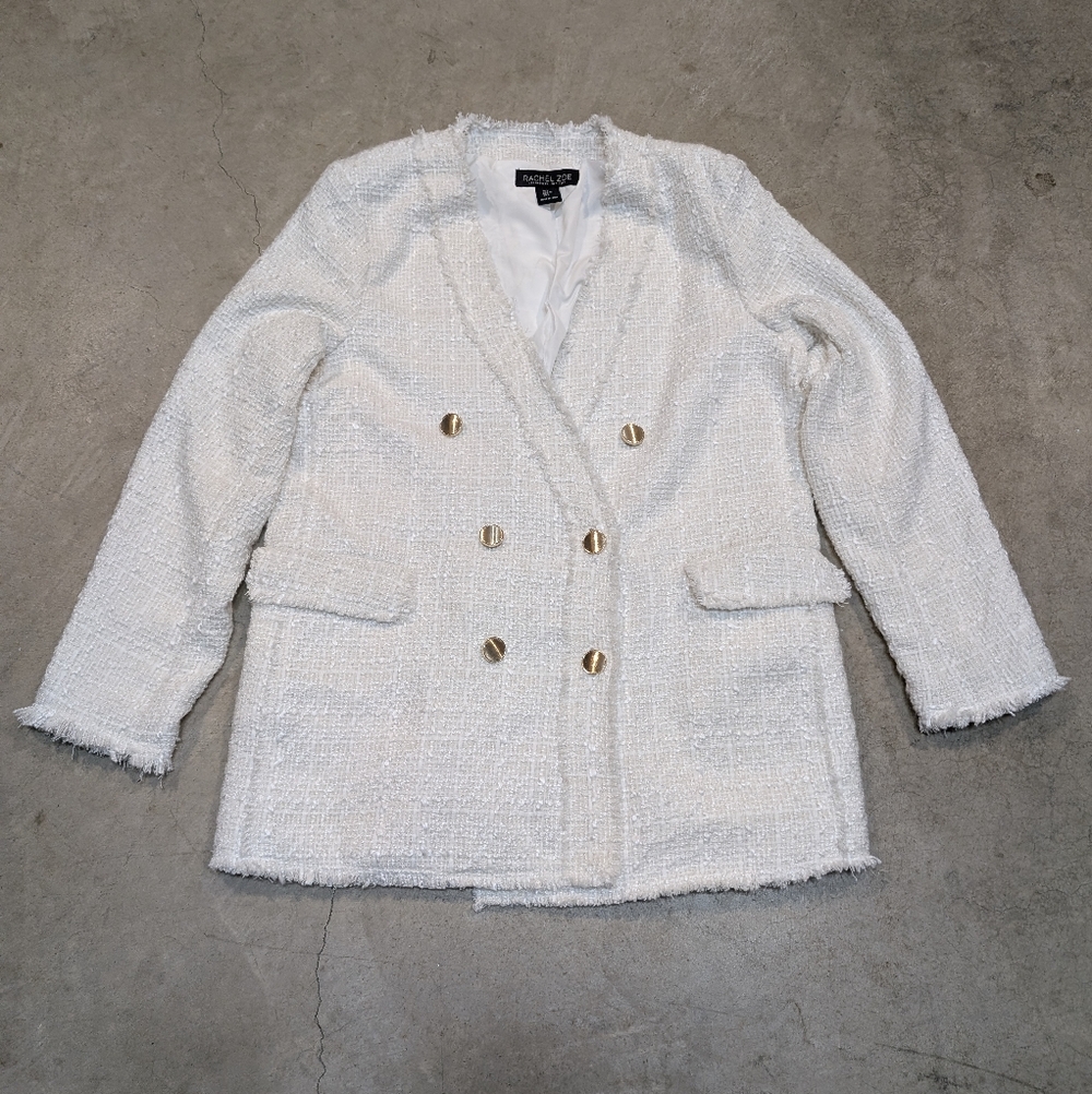 Rachel Zoe Tweed White Double-Breasted Blazer Women's L Textured